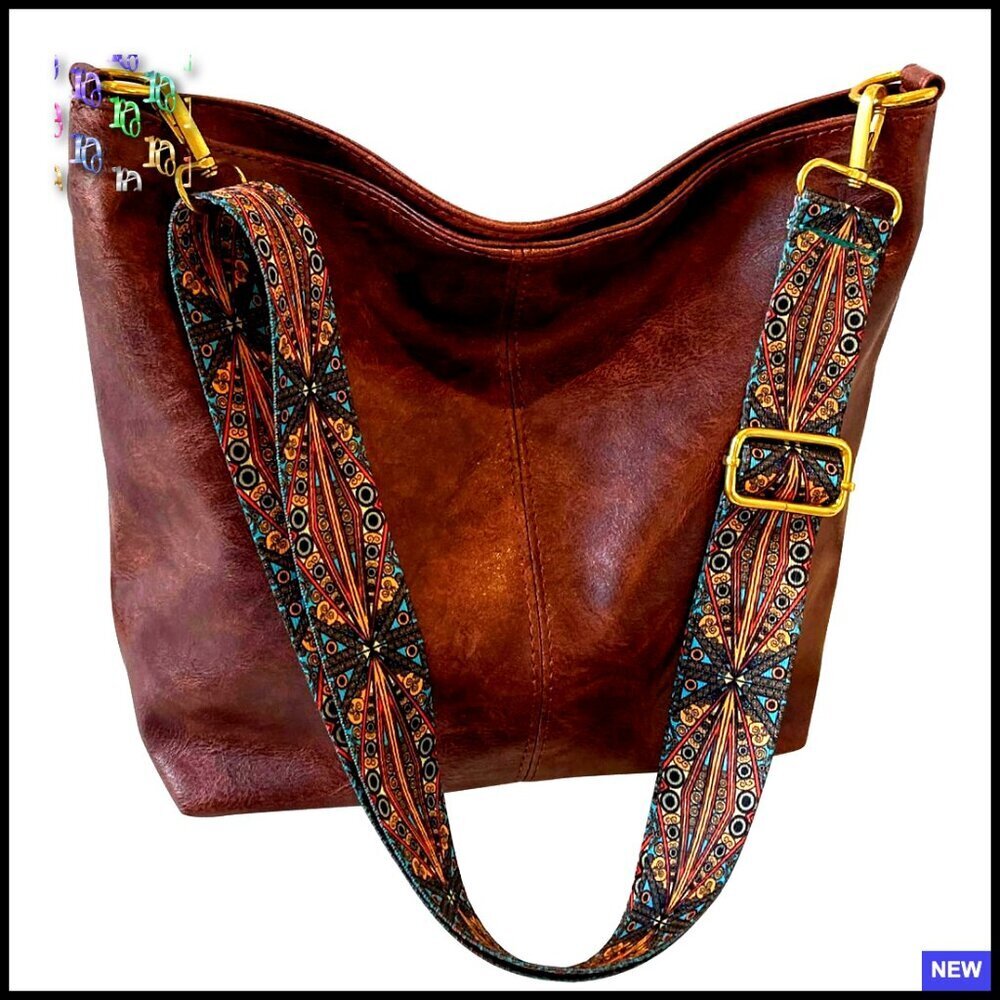 Vegan Leather Hobo Crossbody Bag Adjustable Guitar Strap Boho Bucket Purse